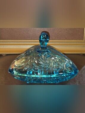 Vintage Mid-Century Hazel-Atlas Capri Blue Pinwheel Glass Lidded Triangle Dish
